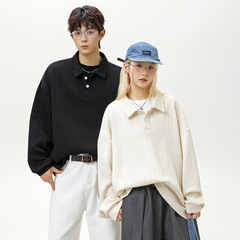 男性と女性のための厚手の質感のジャカードラペルスウェットシャツ、秋のルーズレトロなオールドマネースタイルの長袖ポロプルオーバー