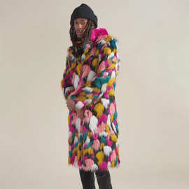 亚马逊爆款狐狸毛大衣男装七彩毛领中长款大衣欧美外贸仿皮草外套