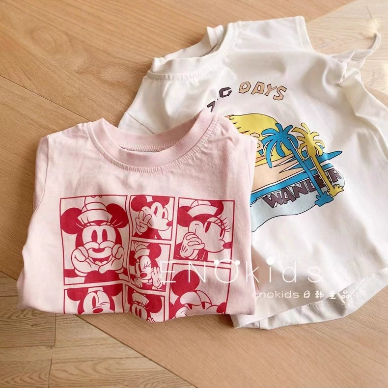 Children's Cotton Summer Cartoon T-Shirt, Oversize Short Sleeve, High Collar