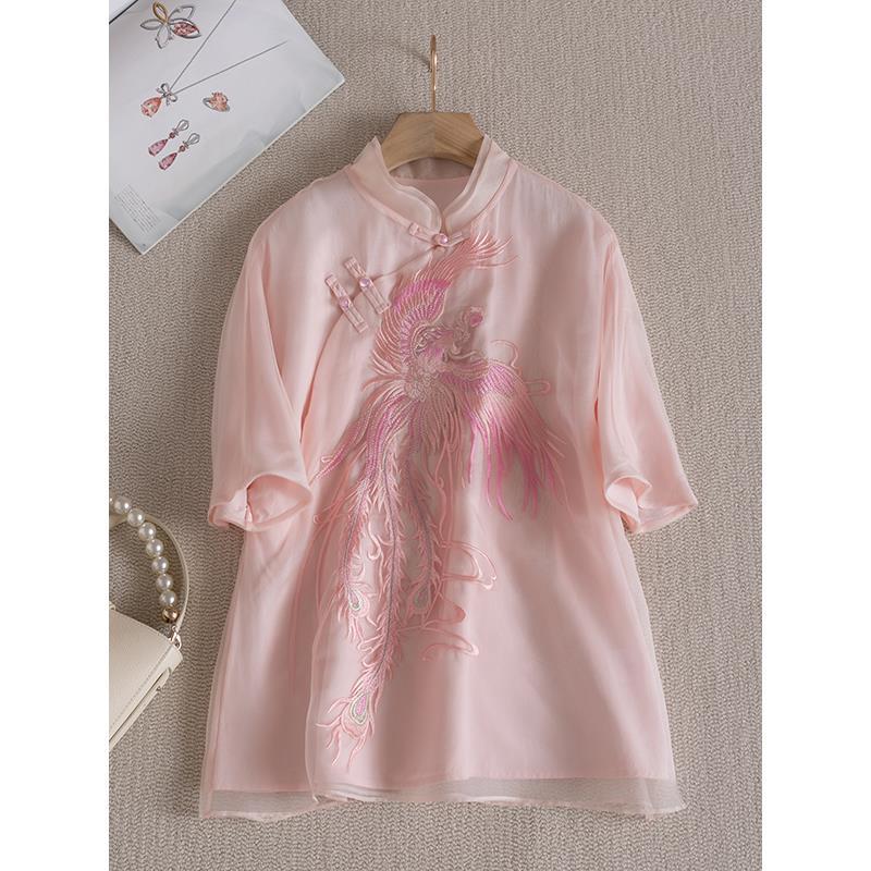 新中式国风 仿真丝欧根纱绣花 纯色立领改良盘扣五分袖衬衫女夏潮