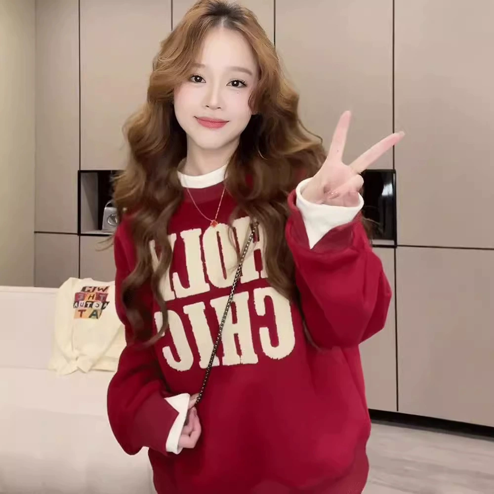 Новогодний Красный Тяжелый детский бархатный свитер с круглым вырезом для женщин, осень и зима, Новый Свободный Топ с длинным рукавом из искусственных двух частей на флисовой подкладке для женщин