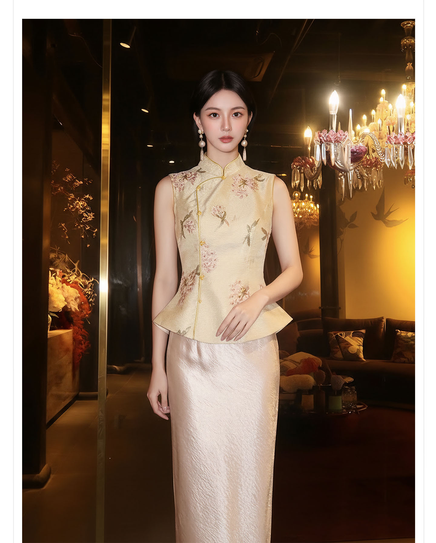 Bộ váy nữ phong cách Trung Hoa mới gồm áo choàng vai, áo khoác gile và chân váy nửa dài, họa tiết thêu hoa văn, tua rua — Mây vai, Trang chủ, Champagne màu nửa váy chi tiết 11