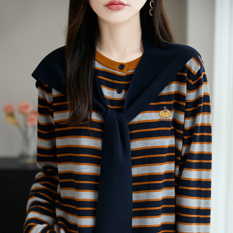 带披肩俩件套设计感条纹针织衫女秋季新款气质毛衣时尚女装上衣|undefined