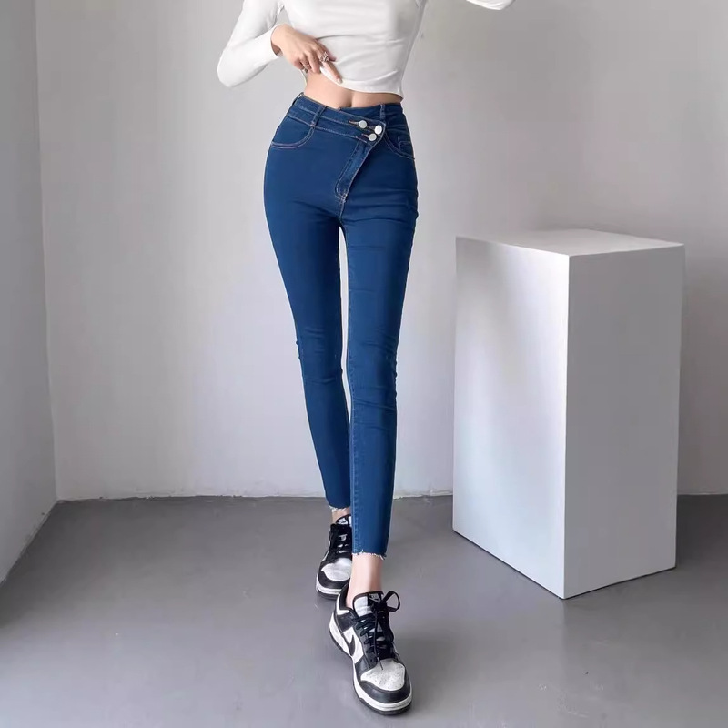 European and American Style High Waist Irregular Wrong Waist Tight Slimming Stretch Leg Long Pencil Jeans Trendy Pants