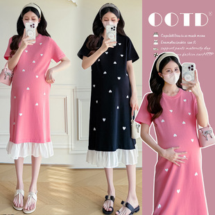Maternity 2025 Summer New Sweet Age-reducing Stitching Ice Silk Mid-length Loose Pregnant Women dress