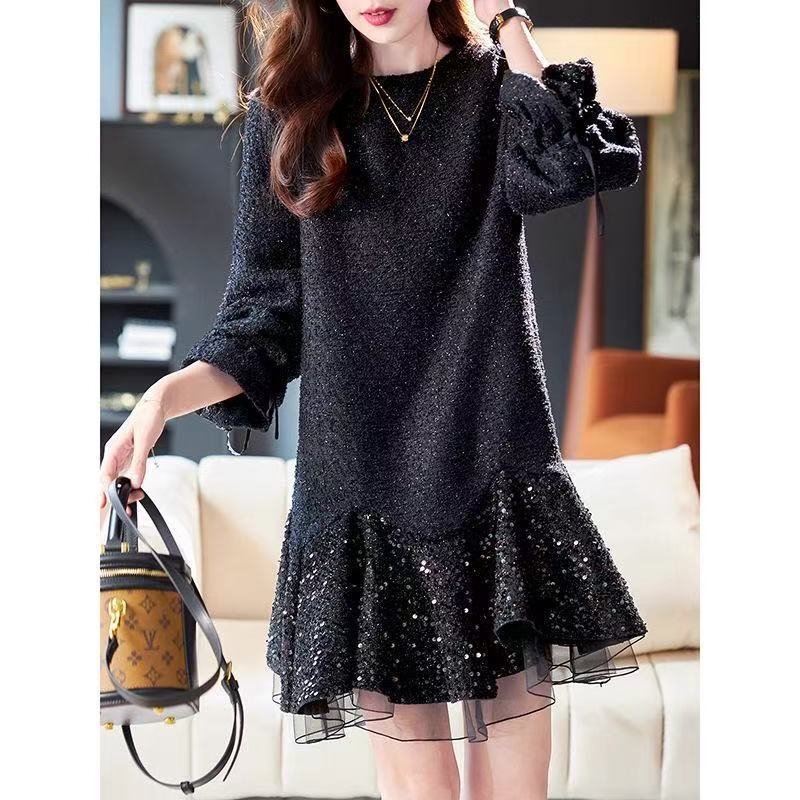 2026 Spring and Autumn New Style Round Neck Large Size Loose Fit Versatile Age-Reducing Stylish Fashionable Mid-Length Slimming Sequin Dress