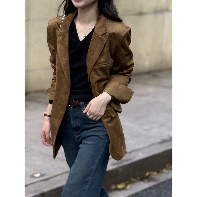 North Mountain Paulownia Korean-style suede blazer for women, autumn retro and casual oversized blazer H26910