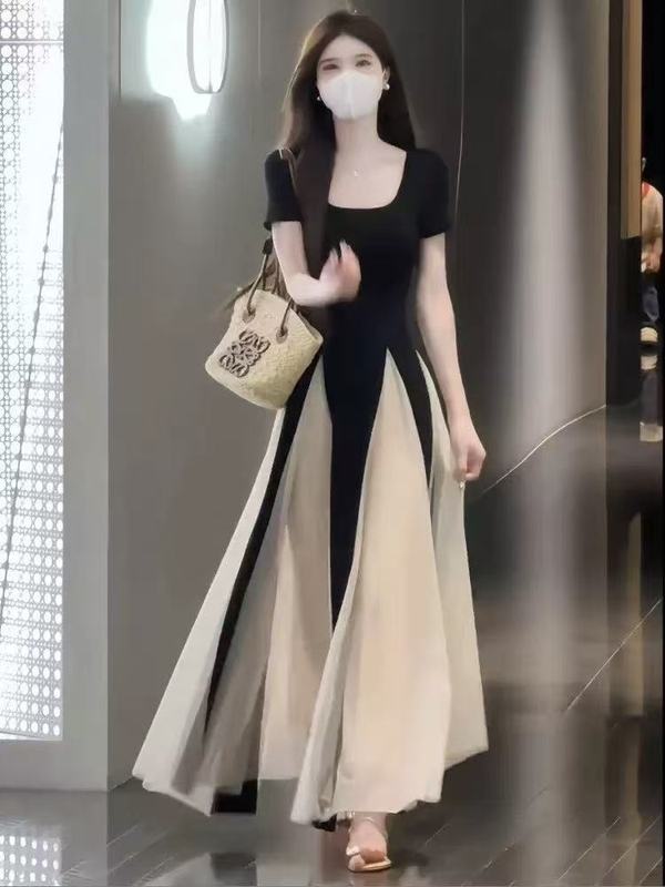 女性のためのスプライスメッシュ半袖ドレス夏プラスサイズファットmmフレンチスタイル優しいフェイクツーピースロングスカート|undefined