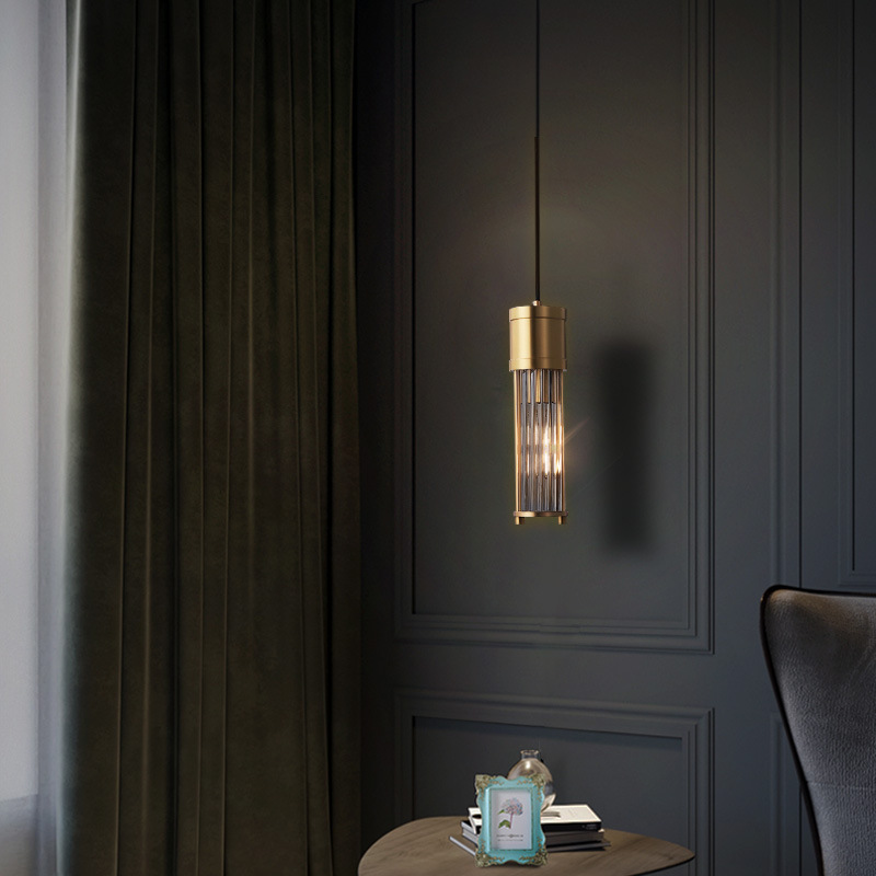 美式全铜卧室床头水晶吊灯北欧简约单头吧台灯具极简餐厅楼梯灯饰