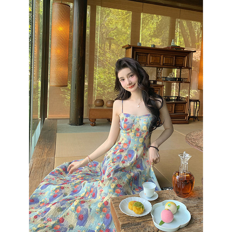 Spring New Suspender Tall Printed Dress, Fresh, Sweet and Slimming Floral Splicing Long Skirt, Girly Style