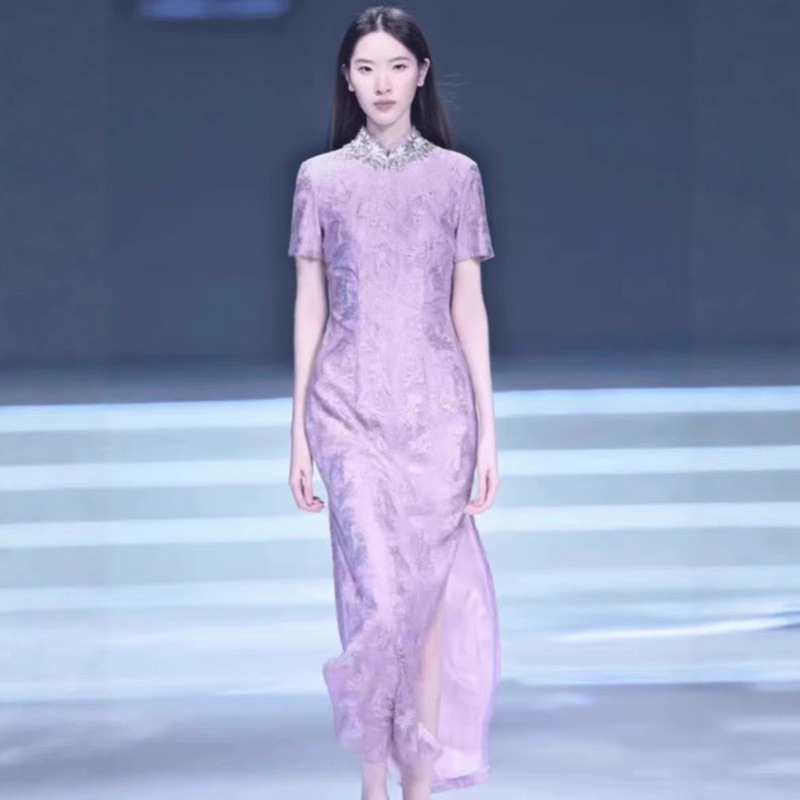 New Chinese-Style Purple Floral Improved Qipao 2026 Spring New Formal French-Style Unique Waist-Cinching Dress