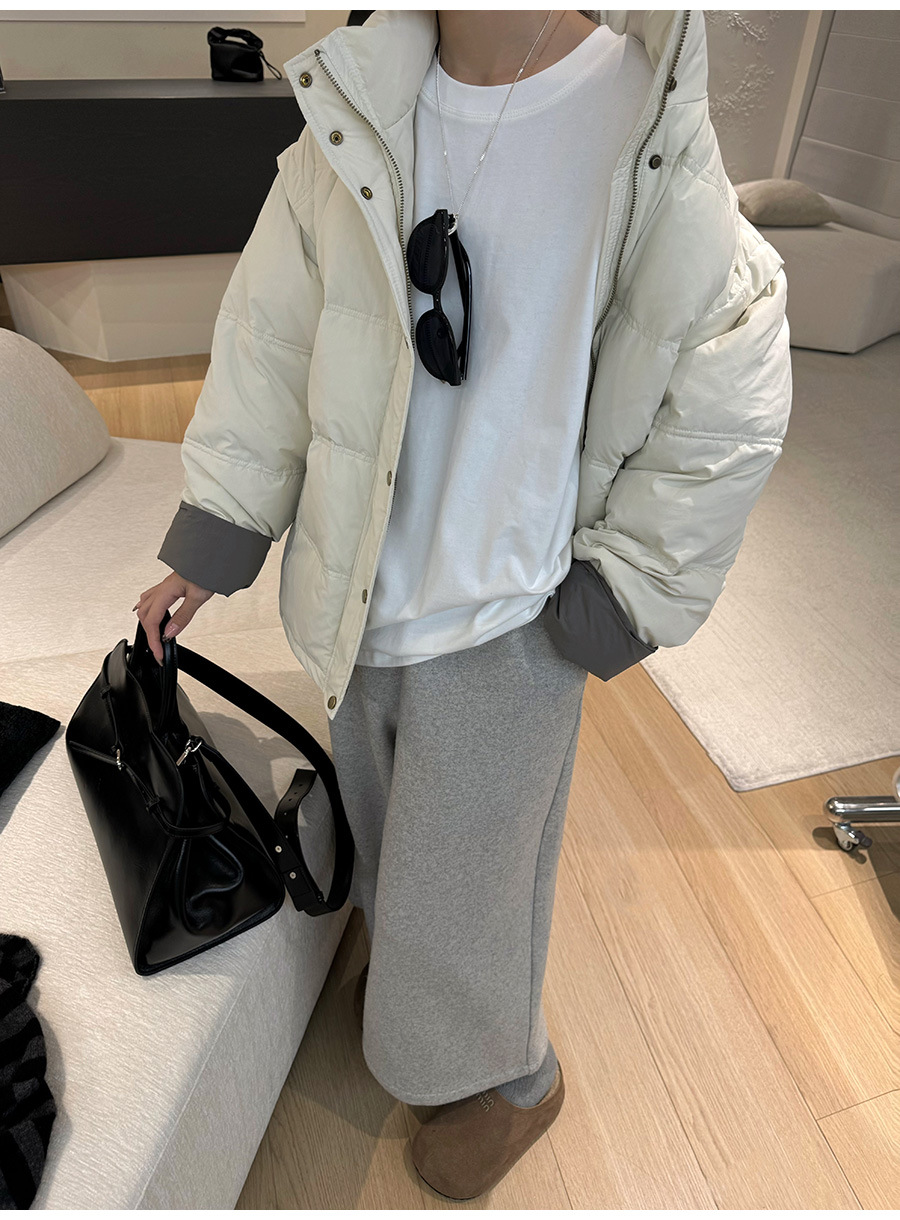 黎诺韩系休闲拼色白鸭绒羽绒服女2024冬季新款立领宽松面包服外套详情6