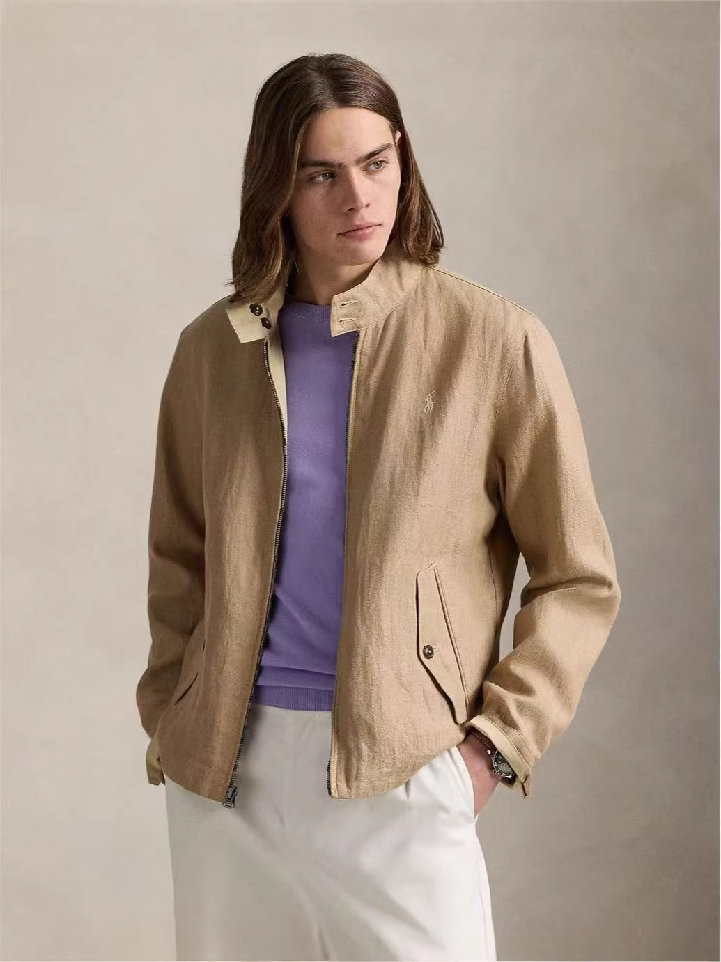 2025 primavera y otoño RL Laff lino doble cara retró cuello vertical chaqueta casual de doble botón