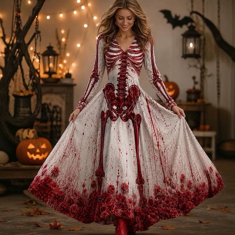 2026 Long Dress A-line Skirt Bohemian Style Party Regular Style Skull Long Sleeve V-neck Halloween Party