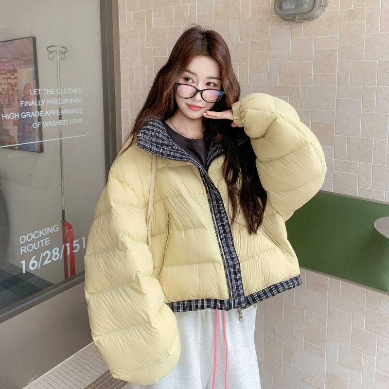 两面穿格子拼接羽绒服女2025新款深冬超好看小个子短款面包服外套