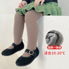 薄絨拉毛女童打底褲批發2024冬季新款純色抽條兒童連褲襪一件代發