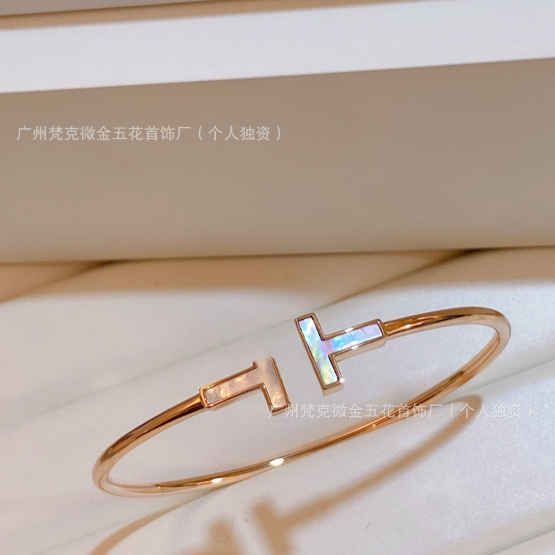 V金高版本双T手镯白贝母满钻镶钻开口时尚高级感玫瑰金厂家批发|undefined