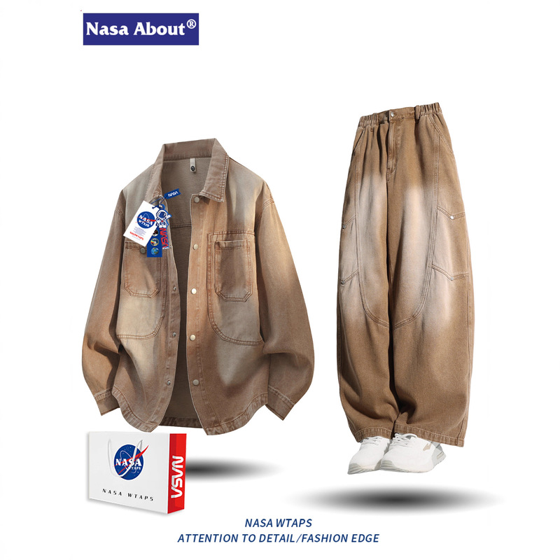 Nasa about American Workwear Denim Suit Men's New Autumn and Winter Jacket Pants Casual Two-Piece Set for Men