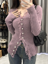 韩版秋季新款V领毛衣纯色修身型坑条加厚毛边设计感针织开衫女