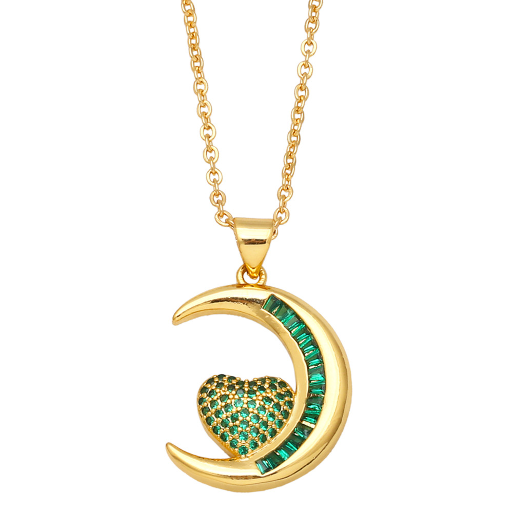 Fashion Emerald Zircon Cross  Moon Heart Pendant Copper Necklace