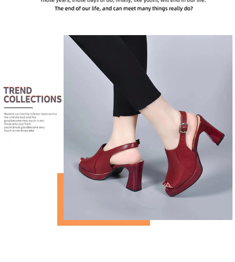 Giày cao gót nữ mũi hở peep-toe đế xuồng platform da bò gót thô 5 cm — Màu Đỏ rượu vang-5 cm chi tiết 11