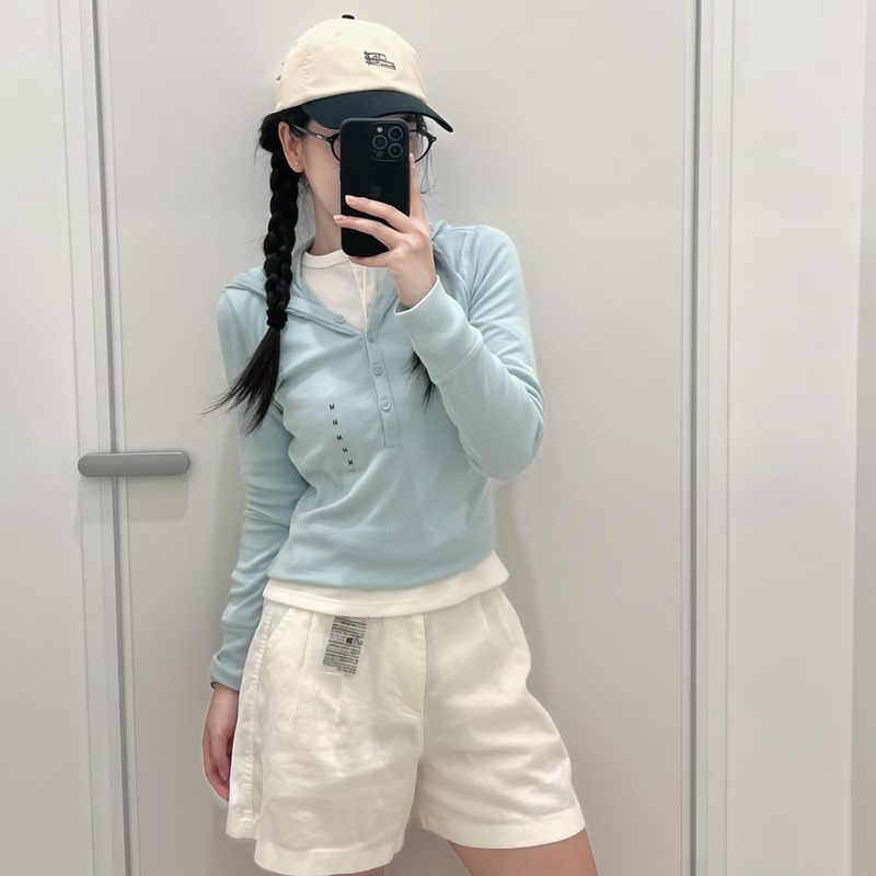 Women's Ribbed Hooded Knit Long Sleeve Slim Fit Single-Breasted Half-Open Collar Solid Color Base Shirt, New Autumn Style Y488298 Women's Ribbed Hooded Knit Long Sleeve Slim Fit Single-Breasted Half-Open Collar Solid Color Base Shirt, New Autumn Style Y488298