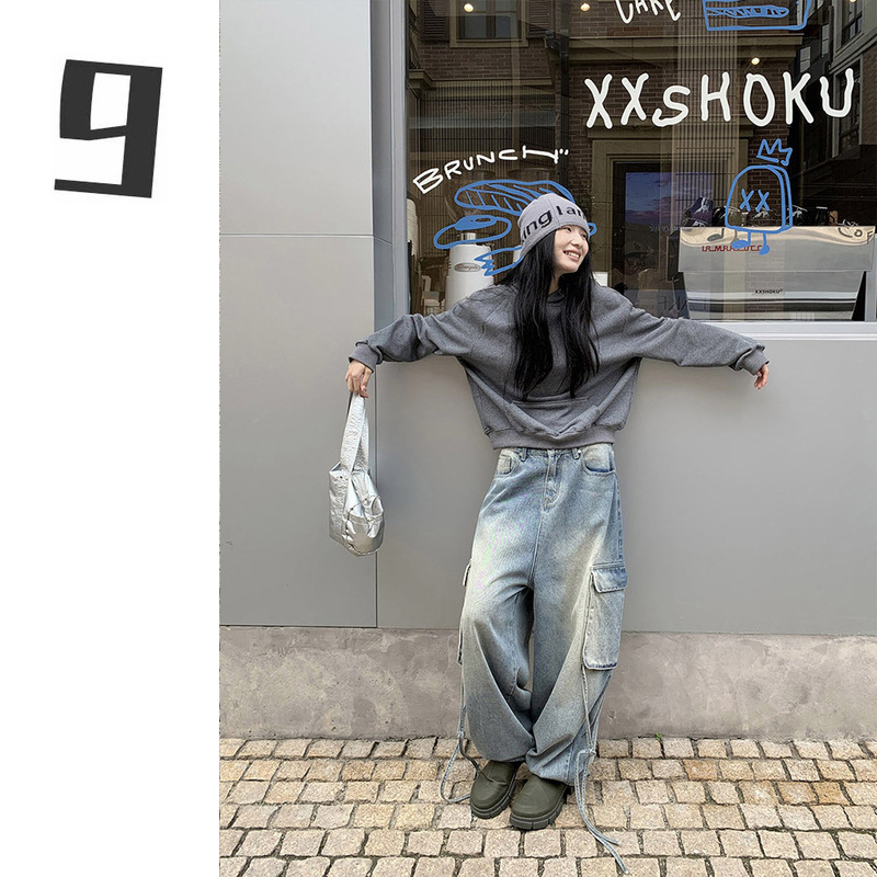 [9Hour] Designed Lace-Up Cargo Jeans for Women 2025 Autum Street Wide-Leg Pants for Women Hc1274