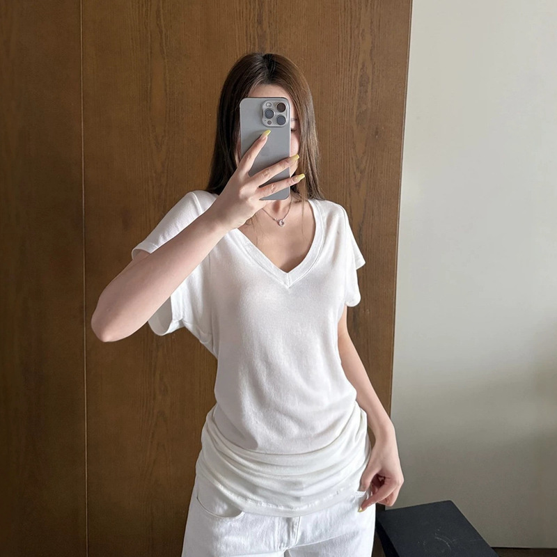 Xzichic Tencel Wool V-neck Short Sleeve T-shirt for Women with Butterfly Sleeves, Long Top, 2025 Summer New Style Xzichic Tencel Wool V-neck Short Sleeve T-shirt for Women with Butterfly Sleeves, Long Top, 2025 Summer New Style