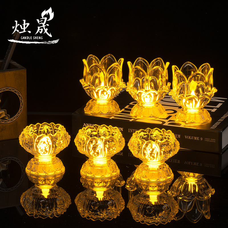 LEDの透明な蓮の花の仏前は明かりを供えて寺院のろうそくの明かりを飾ってアイデアの浮き彫りの高い足の電子の長い明かりを配置します。|undefined