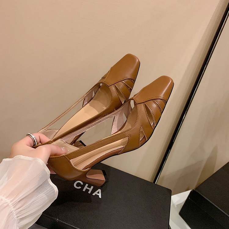 Giày cao gót nữ da thật mũi vuông nhỏ, gót cao 9 cm, phong cách thời trang xuân hè — màu nâu, màu trắng ngà chi tiết 76