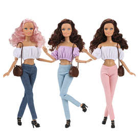 30cm洋娃娃11寸欧美换装时尚娃衣泡泡袖牛仔裤套装旅行款跨镜