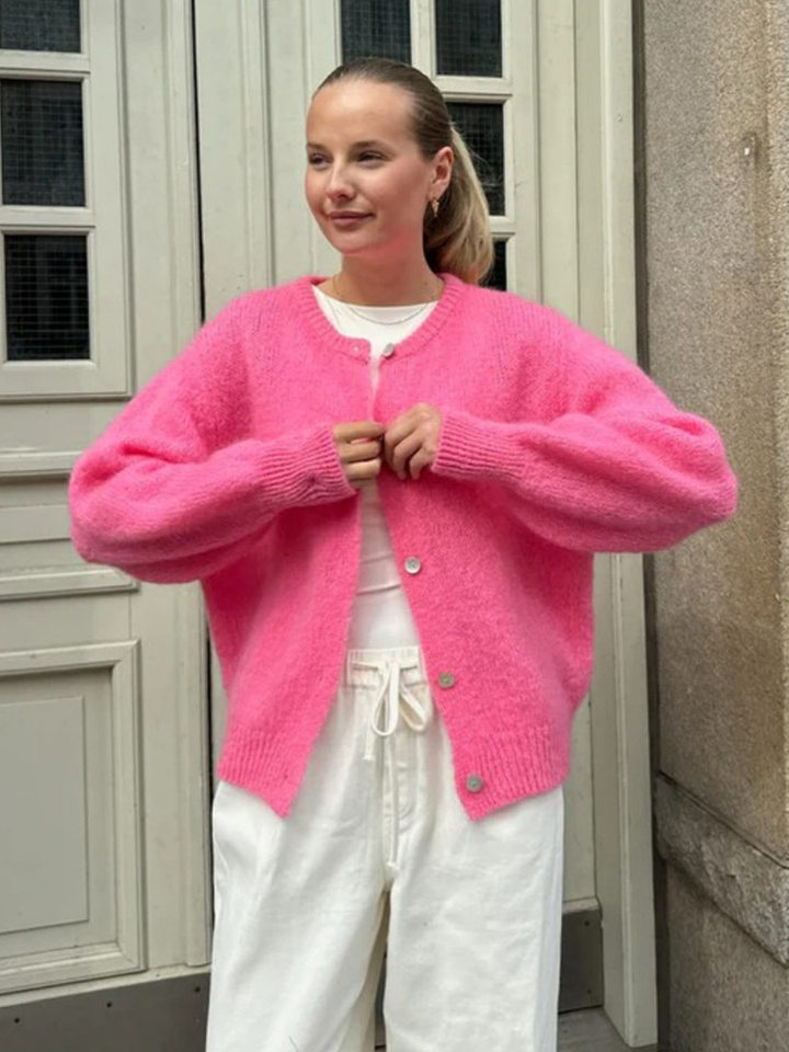Áo cardigan len dệt kim dáng mỏng nhẹ cài nút một hàng, tay dài cổ tròn nữ — hoa hồng đỏ, màu be, màu cam, màu hoa cà chi tiết 32