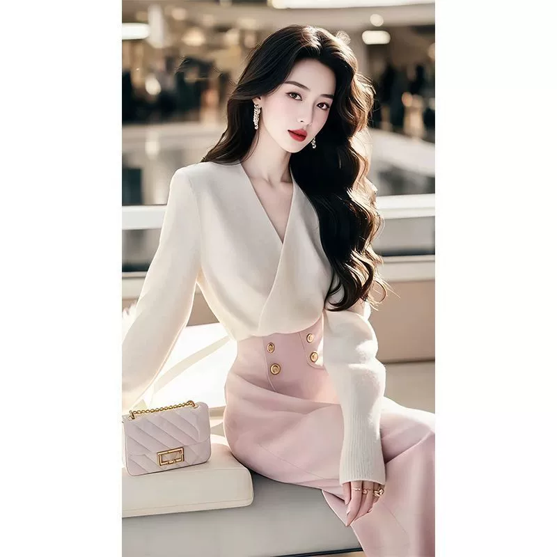 Новый набор уникального и прекрасного женского платья Xiao Xiangfeng Белый свитер с высокой талией Юбка костюм Женский