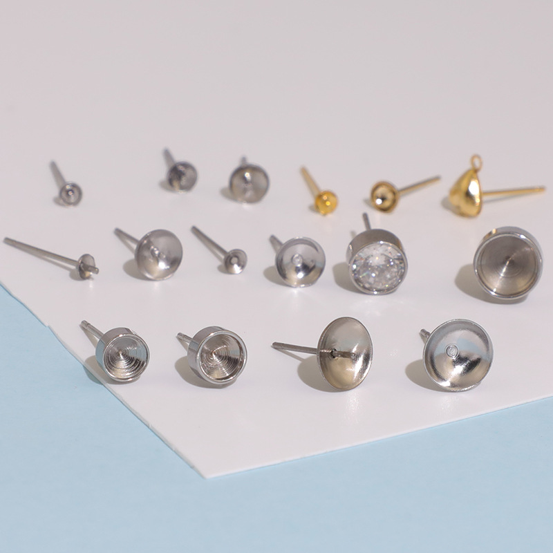 镀18k真金钛钢耳钉女简约钻杯耳针不锈钢托盘耳钉配件厂家批发