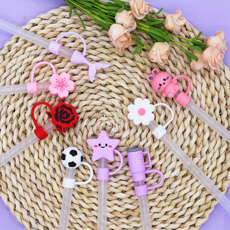 Funda de silicona suave para pajitas, éxito de ventas en Amazon, funda para pajitas de vasos Stanley de 7-10 mm, tapa de pajita con diseño de flores de dibujos animados