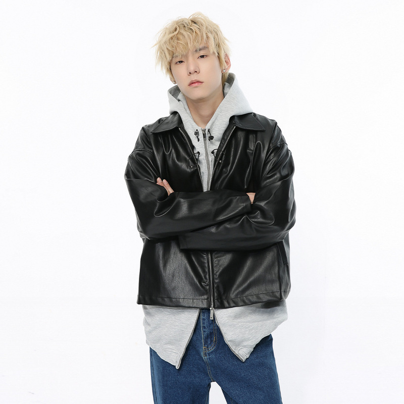 MTLCLOTHES men's clothing | 2024 spring new personalized retro minimalist solid color PU leather jacket lapel coat