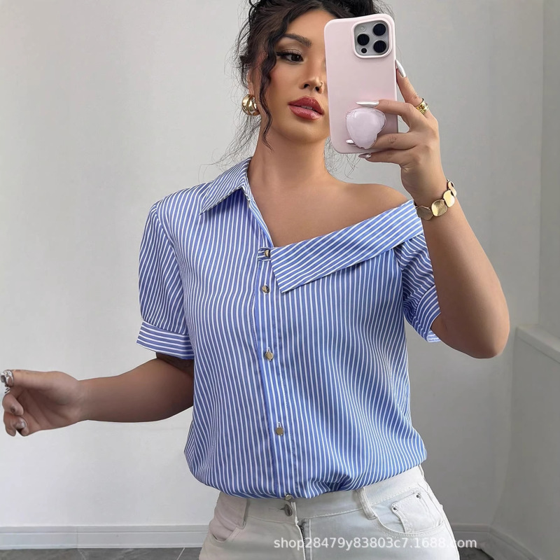 Cross-Border Foreign Trade Women's Blue and White Striped One-Shoulder Short-Sleeve Shirt with a Unique Design in a Niche Hot Girl Style Cross-Border Foreign Trade Women's Blue and White Striped One-Shoulder Short-Sleeve Shirt with a Unique Design in a Niche Hot Girl Style