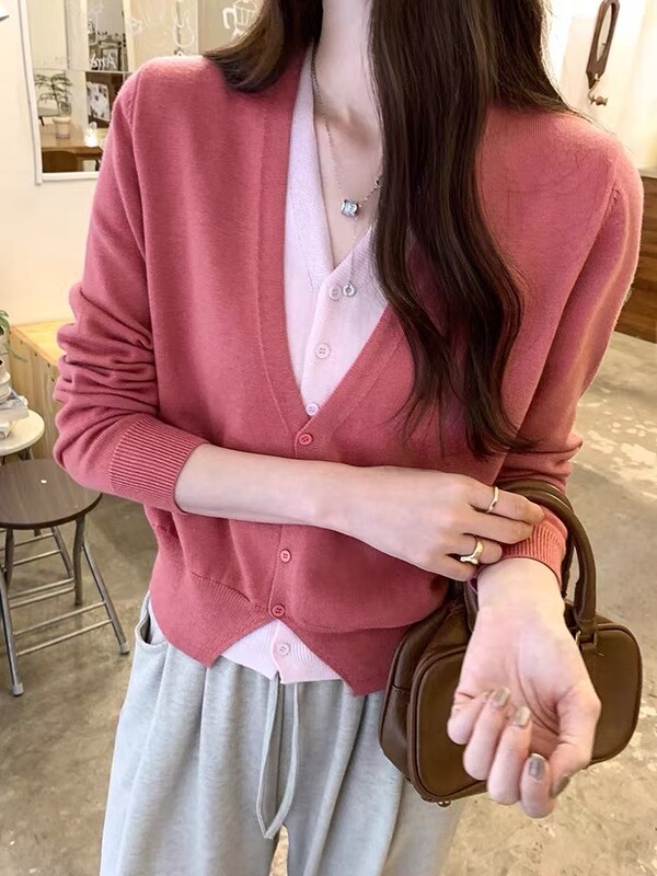 V领假两件针织开衫女春秋季设计感内搭气质毛衣短款长袖外套上衣|undefined