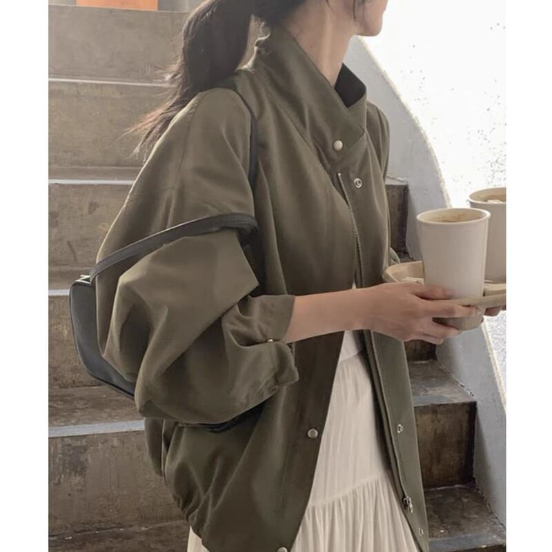 2026 Spring Korean Chic Retro Stylish Stand Collar Single-Breasted Loose Versatile Lantern Sleeve Short Jacket Coat