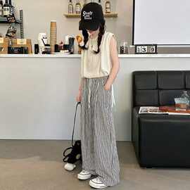 女童套装2025夏季新款时尚舒适无袖上衣条纹阔腿裤潮款百搭两件套