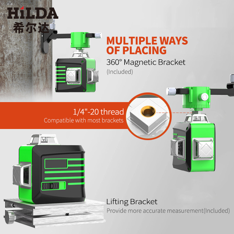 Hilda/Hilda fábrica directa luz verde 12 Línea 16 línea nivel de alta precisión línea automática Etiqueta de pared instrumento