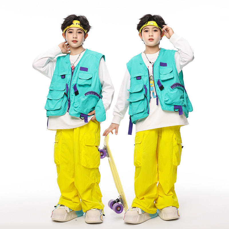 街舞儿童潮服嘻哈hiphop潮牌套装男女童宽松炸街工装裤表演出服装