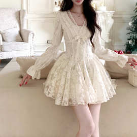 天使之翼 法式纯欲粉色蕾丝连衣裙收腰千金风生日蓬蓬裙 2025秋季