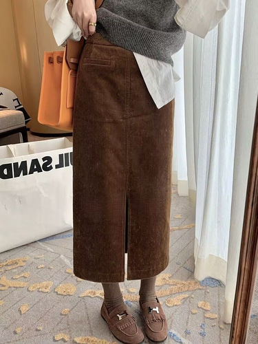 Retro corduroy skirt for women's autumn new style Korean high-waist A-line skirt medium and long split hip skirt