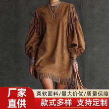 2025新款亚马逊速卖通现货圆领流苏宽松灯笼袖长袖纯色连衣裙短裙