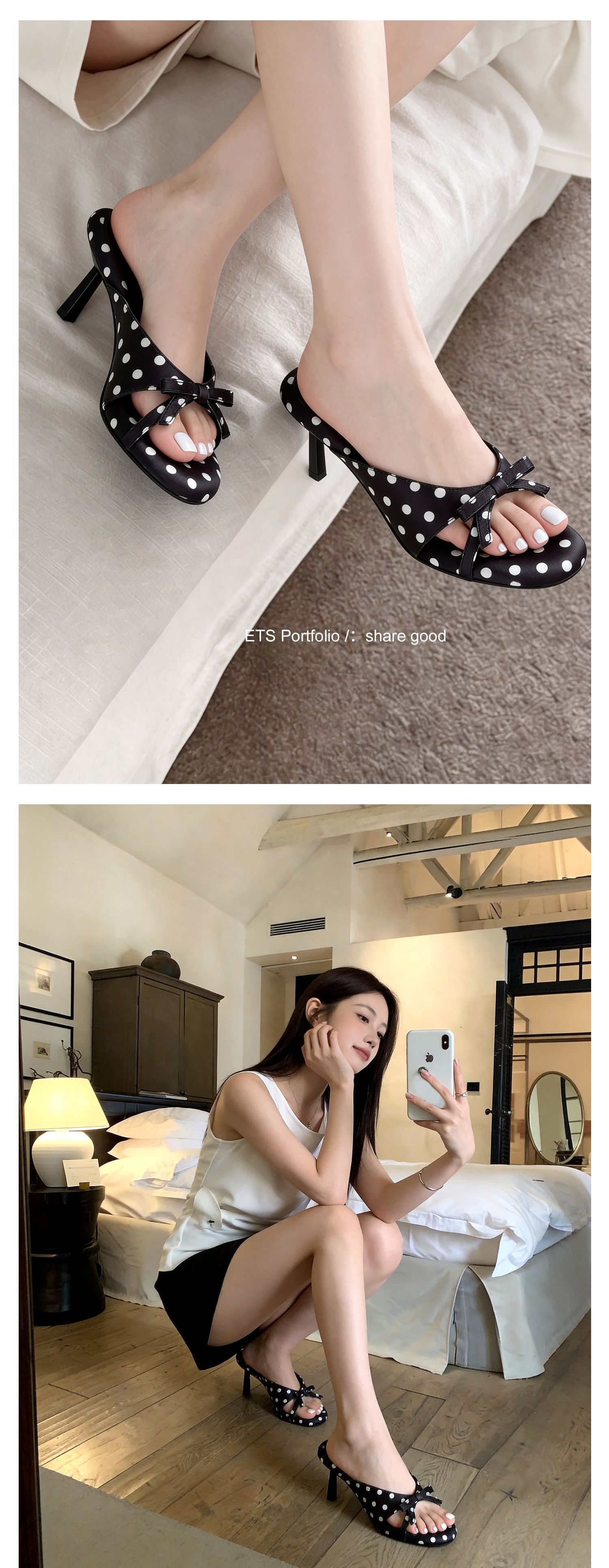 Sandal cao gót nữ hở mũi phong cách Pháp, chất liệu satin họa tiết chấm bi/chấm sóng, gót nhọn 9 cm — Điểm sóng đen, Trang chủ, Điểm sóng trắng chi tiết 16