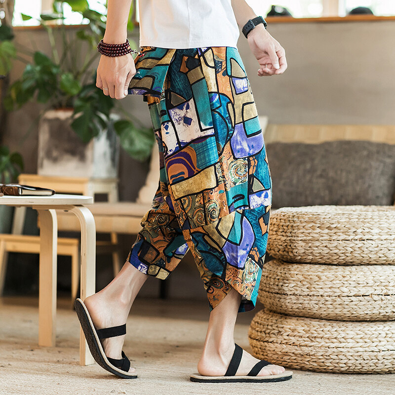 Thai Elephant Pants Men's Loose Wide Leg Pants Ethnic Style Cotton and Linen Bloomers Casual Middle-aged and Young Fatty Capri Pants