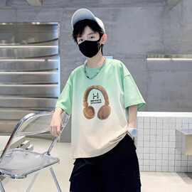 儿童T恤短袖夏季新款中大童装撞色渐变印花男童半袖上衣潮款T恤衫