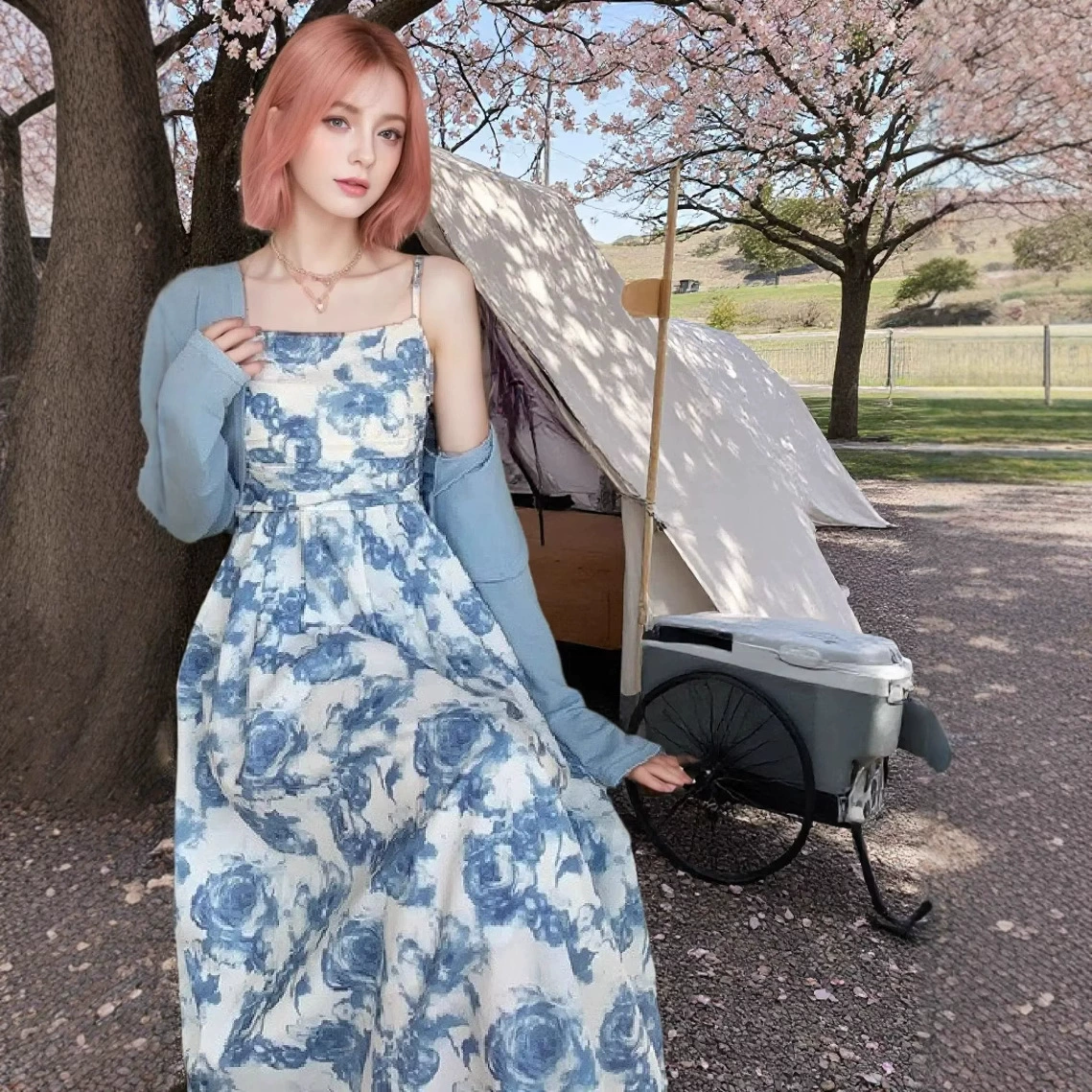 Трансграничный 2024 новый нежный ветер ранняя осень платье платье Мори цветочный костюм платье с длинными рукавами кардиган темперамент набор из двух частей