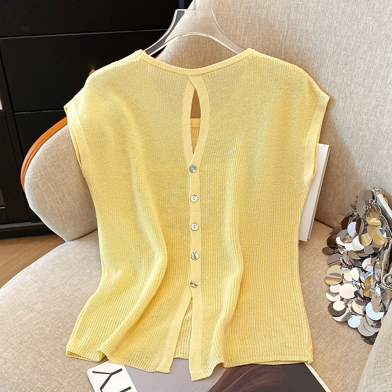 French Cut Out Back Single-Breasted Slit Knitwear for Women 2025 Summer New Fashion Slimming Look Top